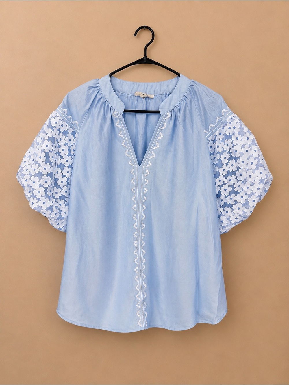 Umgee Light Blue Embroidered Puff-Sleeve Blouse